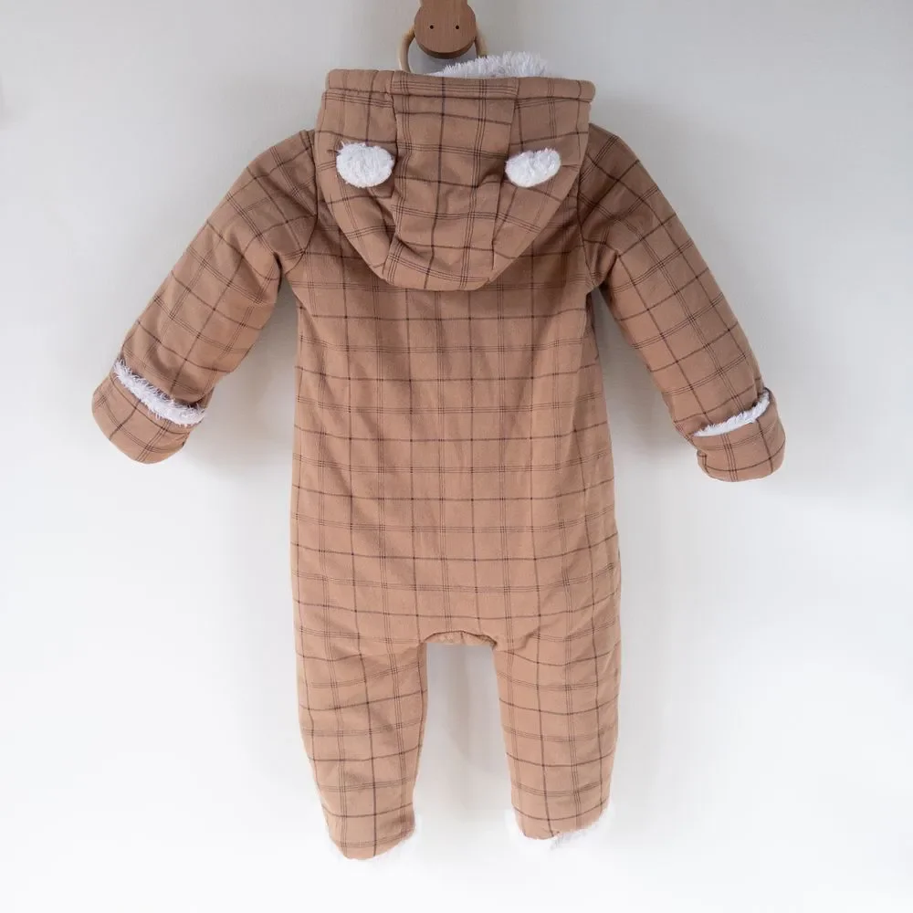 Baby Gap Plaid Hooded Sherpa Fleece Lined Pram Suit Winter Warm Brown Baby 6-12m